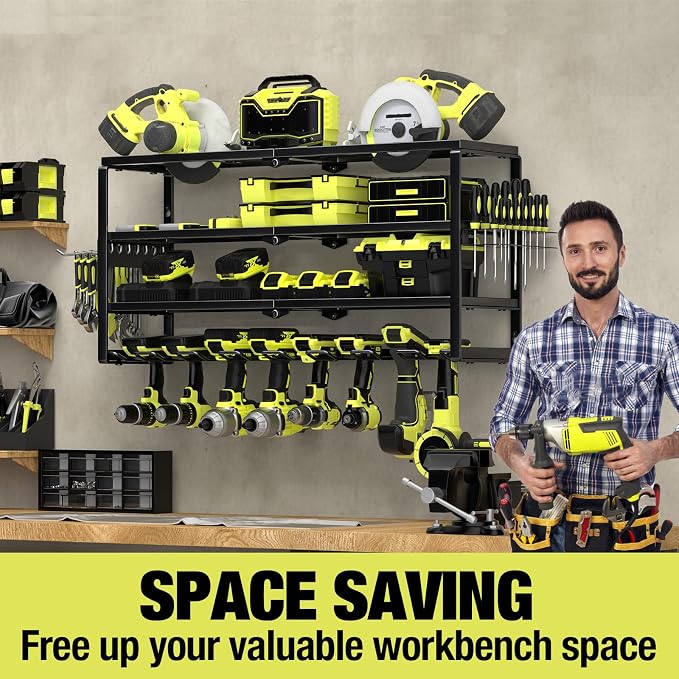 MOOMSINE 4 Layer Power Tool Organizer Wall Mount, Battery Tools Holder with Charging Station Shelf, Cordless Drill Hanger Storage Rack for Garage Organization, Workshop, Pegboard - 32 Inch 8 Slots