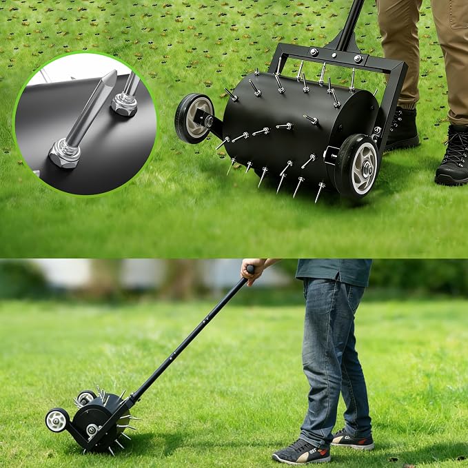Rolling Lawn Aerator, Heavy Duty Spike Aerator Tool for Lawn & Yard, Manual Push Soil Aerator with Wheels for Garden Lawn Care, Grass Root Growth & Soil Aeration