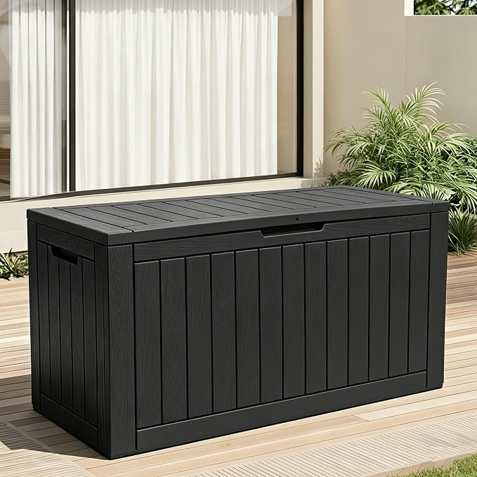 Fancyango 110 Gallon Outdoor Deck Box Waterproof, Large Storage Box for Patio, Resin Storage Bench Lockable for Garden Tools, Package Delivery, Black
