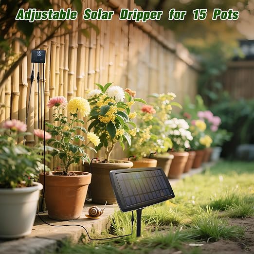 Solar Automatic Drip Irrigation Kit System, 12 Timer Settings Garden Irrigation System, Self Watering Devices for Plants, Raised Beds, Greenhouse, Travel, IP44 Waterproof (10 Pots)