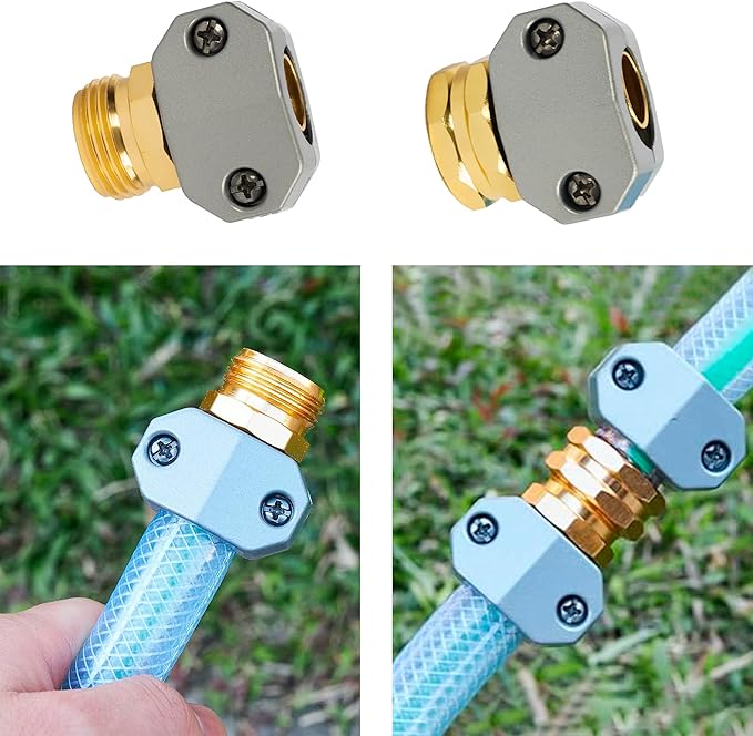 Hourleey Garden Hose Repair Kit - Aluminum Alloy End Mender, Male & Female Fittings, Fit 5/8" & 3/4" Hose, 2 Extra Washers