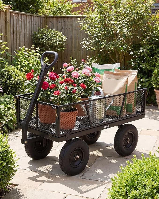 Garvee Versatile Outdoor Utility Cart-1200LBS Heavy-Duty, 13" All-Terrain Pneumatic Tires, Vehicle-Connectable, Easy Maneuverable Lawn Cart with Removable Mesh Panels for Gardening & Landscaping,Black