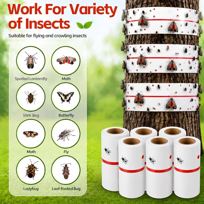 12 Rolls Spotted Lantern Fly Tree Trap 30 Feet Each Roll Lanternfly Tree Outdoor Fruit Fly Sticky Strips Paper Insect Sticky Barrier Trunk Wraps to Protect Plant, Lawn, Garden(White)