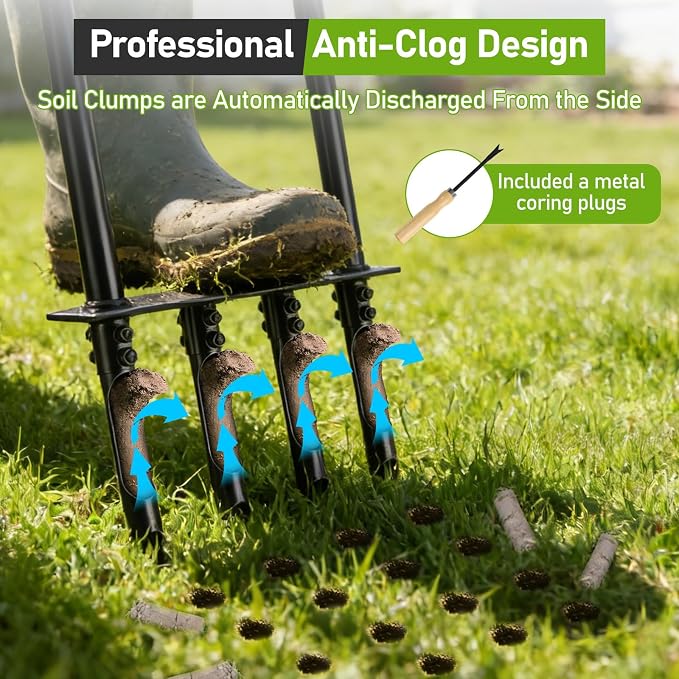 Knee-Friendly Manual Lawn Aerator Tool, 42.6-45 Inch Adjustable Height Core Aerator for Grass, Pre-Assembled Yard Aeration Tool with 4 Hollow Tines for Lawn Care and Compacted Soil