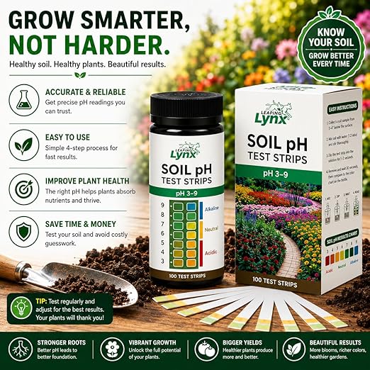 Soil pH Test Kit (3-9 Range) – 100 Test Strips for Garden, Lawn, Vegetable & Flower Beds | Quick & Easy Soil pH Monitoring for Indoor & Outdoor Plants | Leaping Lynx