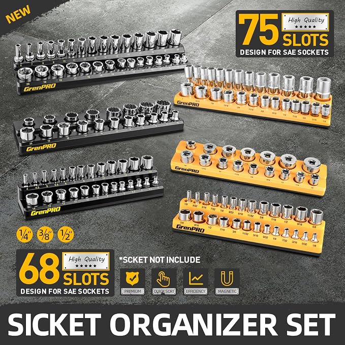 GRENPRO Socket Organizer for Tool Box Drawer, 6pc 143 Metric & SAE Magnetic Socket Holder, 1/4", 3/8", 1/2" Drive Socket Tray Set, Magnetic Socket Organizer