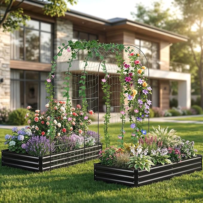 DTIG Galvanized Raised Garden Bed with Trellis, 6×3×1 FT 2 Pack Outdoor Garden Bed, Upgraded 4×3 Support, Black