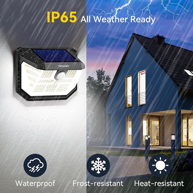 TECKNET 231 LED Solar Motion Lights Outdoor, 300° Angle & 3 Lighting Modes, PIR Motion Sensor & IP65 Security Solar Wall Lights for Fence Front Door Yard Deck Garden Garage(6 Pack-Cool Light)