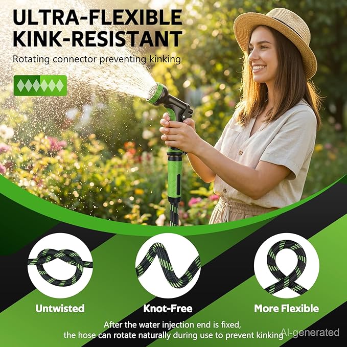 NON-EXPANDABLE Garden Hose 50 FT, Heavy Duty Steel Metal Flexible Water Hose with 10-Function Spray Nozzle, Durable Fabric Skin, No Kinks & Leak-Proof with Upgraded Handle