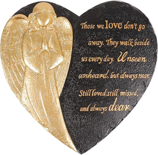 10 Inch Heart Shaped Angel Garden Mmeorial Stones, Memorial plaques for Outdoors, Memorial Garden Angel Decor, in Memory Garden Stones, Memorial Gifts (Black Heart Angel)