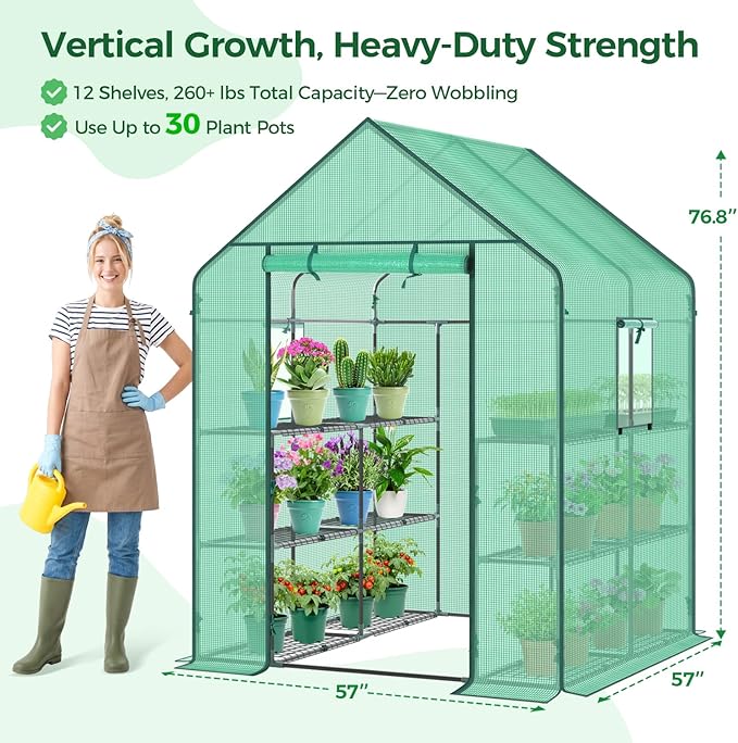 Ohuhu Greenhouse for Outdoors with Screen Windows, 57 x 57 x 76'' Walk in Plant Greenhouses Heavy Duty with Durable PE Cover, 3 Tiers 12 Shelves Stands Plastic Portable Green House with Shelf Clips