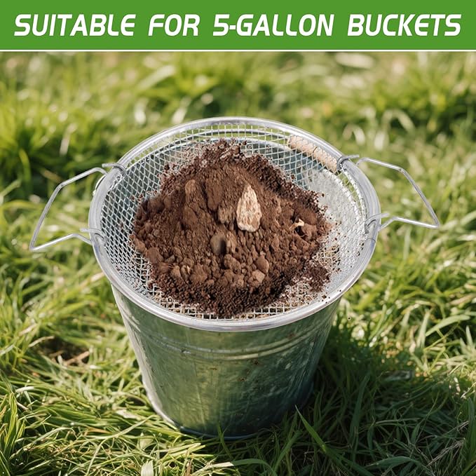 2PCS Mesh Soil Sifter for Gardening,Compost Sifter with Handles for 5 Gallon Buckets,Garden Sieve Rock Sifters for Captures Dirt Rocks Sawdust Includes Gloves