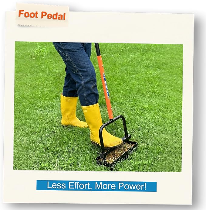 JouZYA Updated Lawn Aerator Tool with Soil Core Collection Tray, Lawn Core Aerator Lawn Tool with 4 Tines Manual Grass Aerator, Spike Lawn Coring Aerator for Lawn Aeration Soil Loosening Yard, Orange