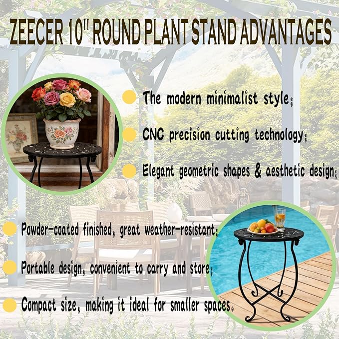 Outdoor Side Tables, 10" Round 15" Tall Patio Side Table, Set of 1 Metal Small Round Side Table for Patio Yard Porch Balcony Garden Bedside, Plant Stand for Indoor Outdoor