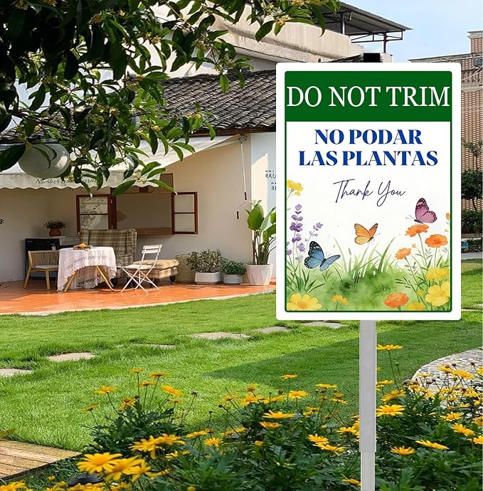 Do Not Trim No Podar Las Plantas Yard Sign With Stakes in English and Spanish Do Not Mow Rustproof Reflective Aluminum Pollinator Friendly Garden Sign Stand Outdoor 8X12 IN