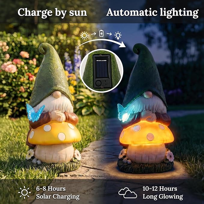 Solar Garden Gnome Statue with Glowing Mushroom & Butterfly Light, 9" Resin Solar Gnome Outdoor Waterproof LED Garden Decor for Yard Lawn Patio Pathway, Cute Garden Gnome Gift for Dad Father’s Day