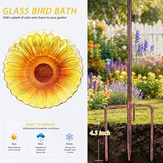 MUMTOP Glass Bird Bath, Garden Outdoor Birdbaths Birdfeeder with Metal Stake, Yellow