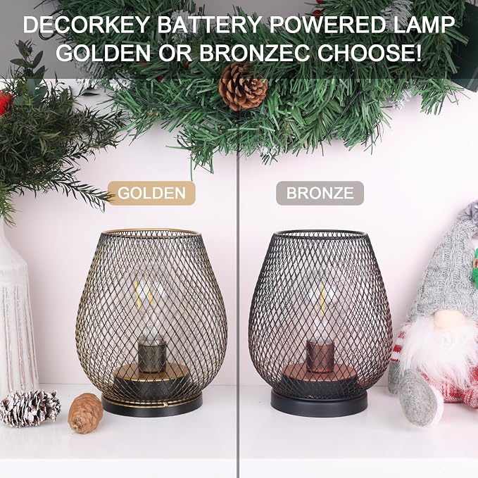 Set of 2 Battery Operated Lamp LED Table Lantern, Golden Metal Cage Cordless Lamps with LED Bulb，Vintage Decorative Outdoor Lantern for Weddings, Parties, Patio, Events for Indoor Shelf Decor