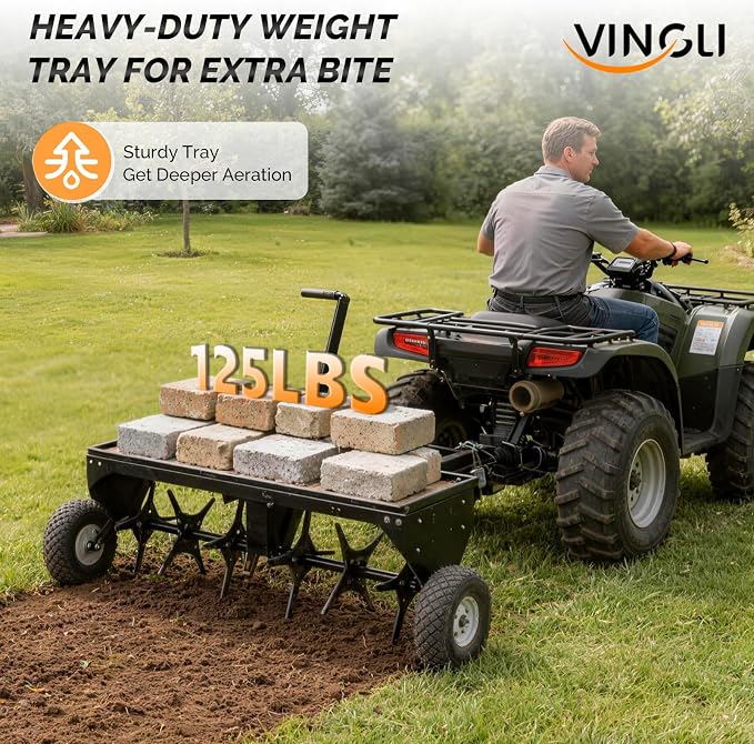 VINGLI 40" Tow Behind Lawn Plug Aerator with Weight Tray, 24 Knives, Adjustable Handle & 10" Inflatable Wheels, Universal Hitch for Lawn Tractor ATV UTV, Garden, Yard, Farm, Black