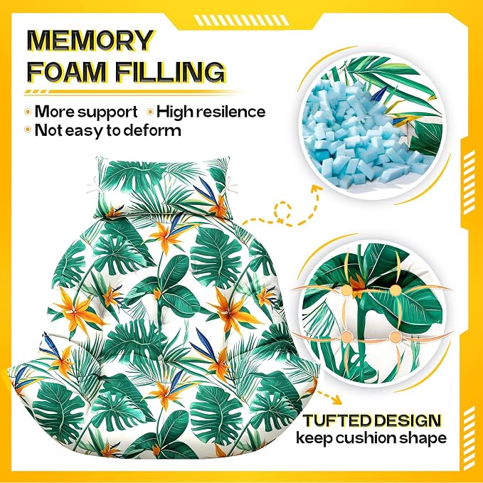 MAGIC ELEPHANT Egg Chair Cushion, Memory Foam Hanging Egg Chair Cushion Replacement, Indoor Outdoor Hammock Basket Swing Cushion with Headrest (Tropical Monstera)