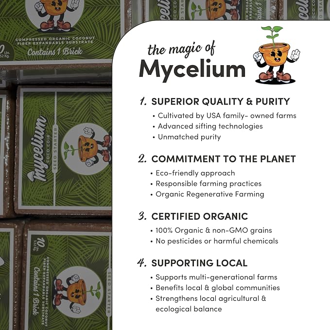 Mycelium Coco Coir Brick - Seed Starter | 10 lb OMRI Certified Organic Growing Medium for Seed Germination & Root Development – Expands When Hydrated for a Nutrient-Rich, Well-Draining Base