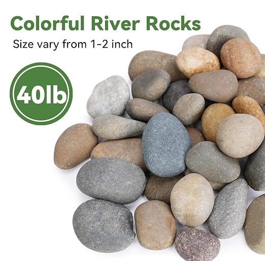 Pulovin 40 lbs River Rocks for Landscaping, 1"-2" Decorative Garden Stones for Plants, Flower Pots, Vase, Walkways, Yard, Natural Rocks for Aquarium, Fish Tank