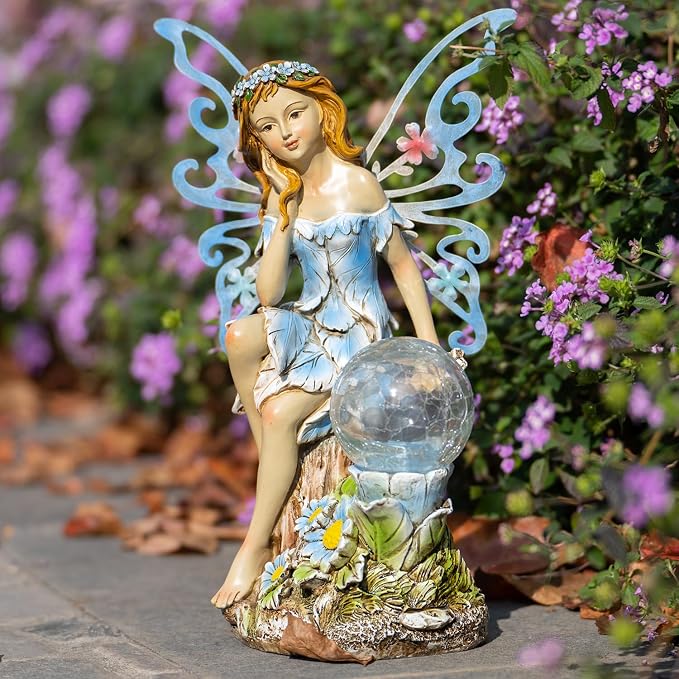 Suyorpe Garden Fairy Statues Solar Outdoor Decor - Fairy Garden Accessories, Fairies Figurine for Outside Gifts,Resin Ornaments for Patio Yard Lawn