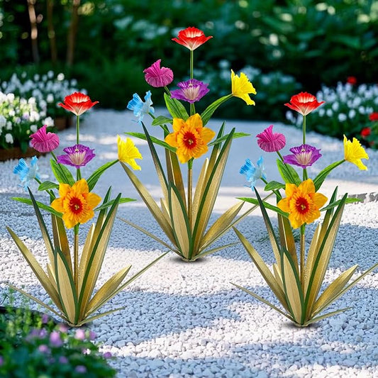 Homight Metal Agave Plant Outdoor Decoration Outdoor Garden Decoration Daffodils Flowers Mexican Yard Art Daffodils Flowers Decorative Garden Gift (3 Big Colorful Daffodil)