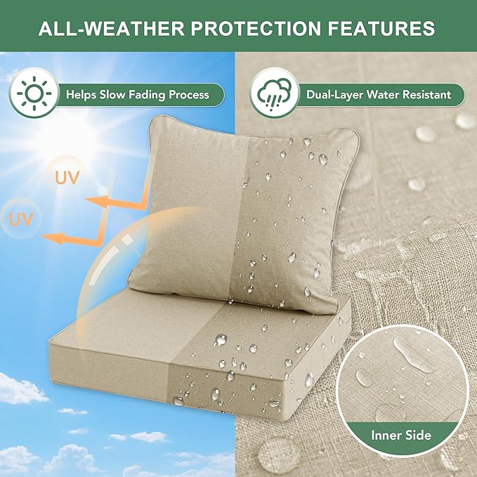 Summsun Patio Chair Cushions Set of 2, Faux Linen Outdoor Furniture Cushions, Water Resistant Backrest and Seat Cushion Set with Ties, Removable Cover, Non-Slip Bottom, 19 x 19 Inch, Beige