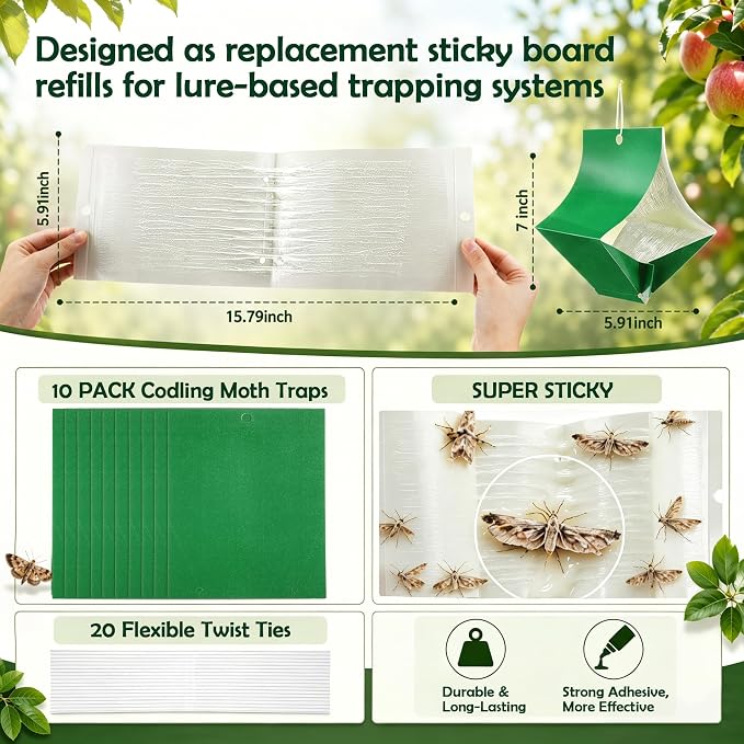 10 Pack Moth Traps (Lure not Included), Codling Moth Traps for Apple Trees, Heavy Duty Sticky Trap Board for Oriental, Peach Tree Borer, Squash Vine Borer,Hanging Codling Moths Trap with 20 Twist Ties