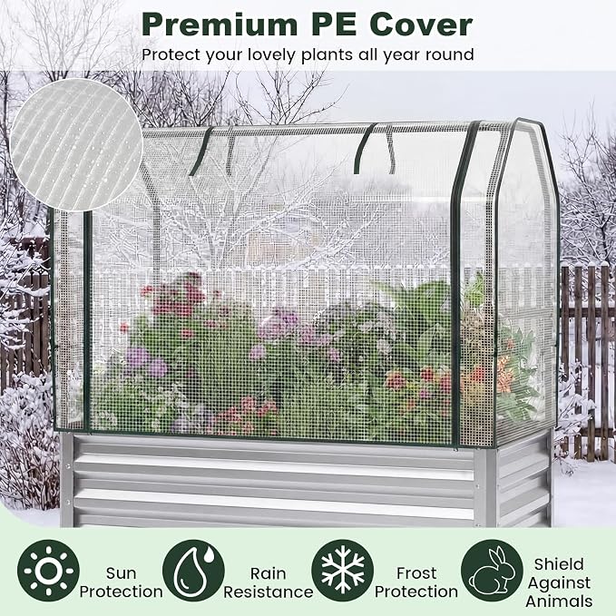 Giantex Raised Garden Bed with Legs & Greenhouse Cover, 44x22x60 Elevated Metal Planter Box with Roll-up Door, Outdoor Mini Greenhouse for Vegetable Flower Herb Patio Balcony (Silver,1)