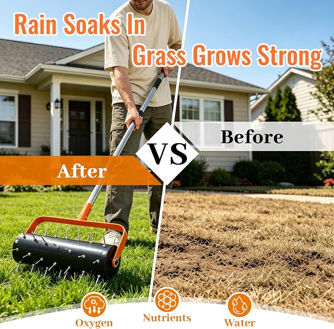 Rolling Lawn Aerator Heavy Duty Spike Aerator Roller with Adjustable Handle & 48 Spikes, Fillable Drum Manual Push Aeration Tool for Lawns, Gardens, Yards, Patio