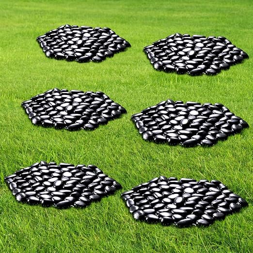 10in River Rock Stepping Stones Set - 6 Pack | Polished Pebble | Long-Lasting PVC Mesh Backing | Perfect for Garden Paths and Lawns Outdoor Landscaping Decoration | Black Rhombus