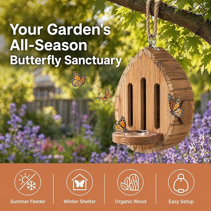 Butterfly House for Outside, 2026 Upgrade Butterfly House Wooden Shelter, Wooden Butterfly Habitat Nesting Box with Feeder Hanging Garden Decoration for Butterflies, Moths & Lacewings