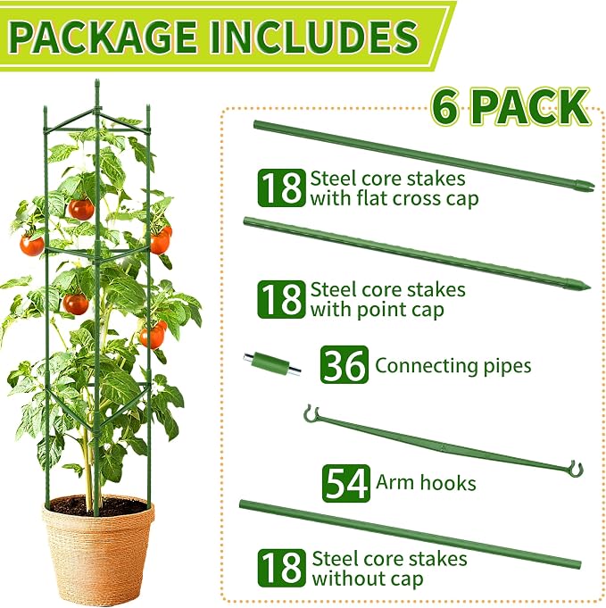 6 Pack 48 Inch Tomato Cages for Garden, Triangle Metal Plant Support with Rust-Resistant Coating, Heavy Duty Tomato Trellis for Raised Bed, Pots, Cucumbers, Peppers & Climbing Plants