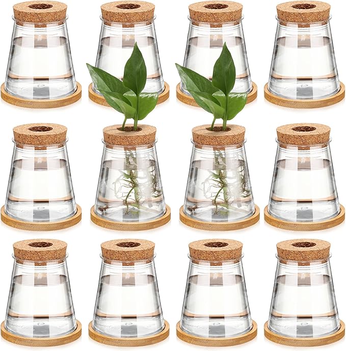 Baderke 12 Packs Propagation Vases for Plants Plastic Plant Propagation with Hole Lid and Bamboo Stand Growing in Water Hydroponic Home Office Desktop Vase Decoration (Cute Style)