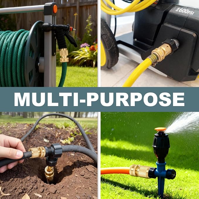 Garden Hose Quick Connect, Solid Brass 3/4 Inch GHT Hose Connector No-Leak, Heavy Duty Male & Female Quick Connect Hose Fittings, Easy Connect for Garden Hose & Pressure Washer (4Sets)