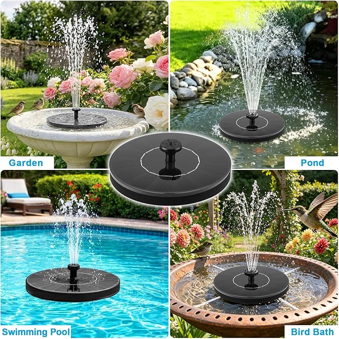 Floating Solar Fountain Pump, Upgrade 1.5W Solar Powered Water Pump with 6 Spray Nozzles & 4 Fixed Pipes, Solar Fountain for Bird Bath, Garden Pond, Pool, Outdoor