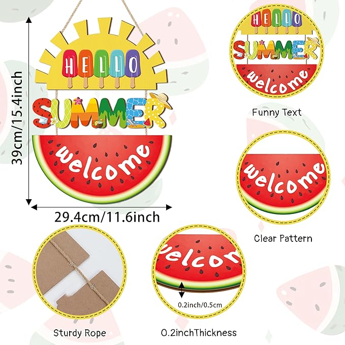 HOURIA Hello Summer Welcome Front Door Sign,11.4"*14.6"Inch Watermelon Sunshine Wood Hanging Plaque for Wreath,Colorful Summer Ice Cream Door Hanger for Porch Garden Farmhouse Indoor Outdoor