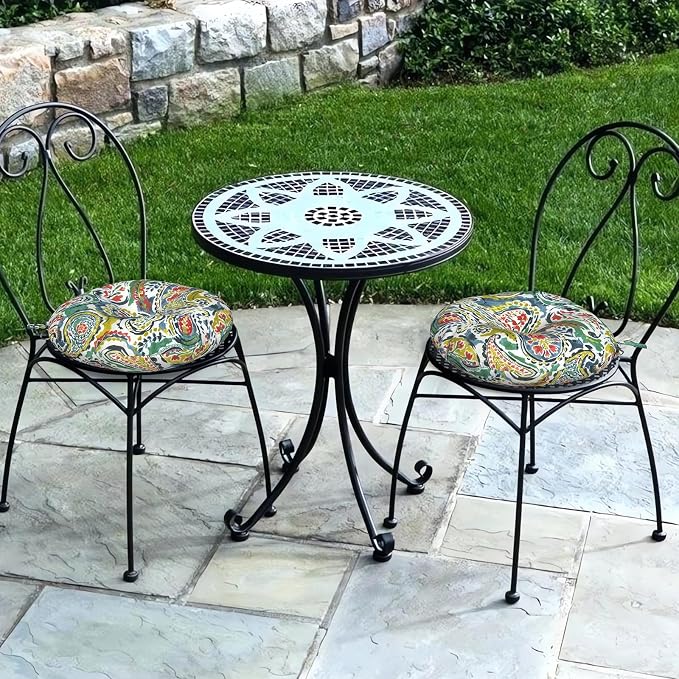 DYTXIII Set of 2 Outdoor Round Chair Cushions 15"x15"x4" with Ties, Water Repellent Tufted Bistro Seat Cushions, Thick Patio Chair Pads for Bar Stool, Garden & Dining Furniture - Paisley Paradise