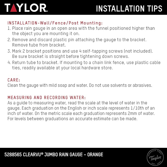 Taylor Jumbo Rain Gauge, Measure and Monitor Precipitation, Easy to Read for Backyard, Patio, Garden, and Lawn, 5-inch, Orange