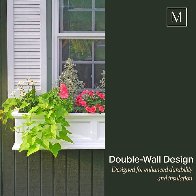 Mayne Fairfield 3ft Window Box, Self Watering Flower Box with Double Wall Design, All Season Fade Resistant Outdoor Window Planter With Steel Mounting Bracket, White