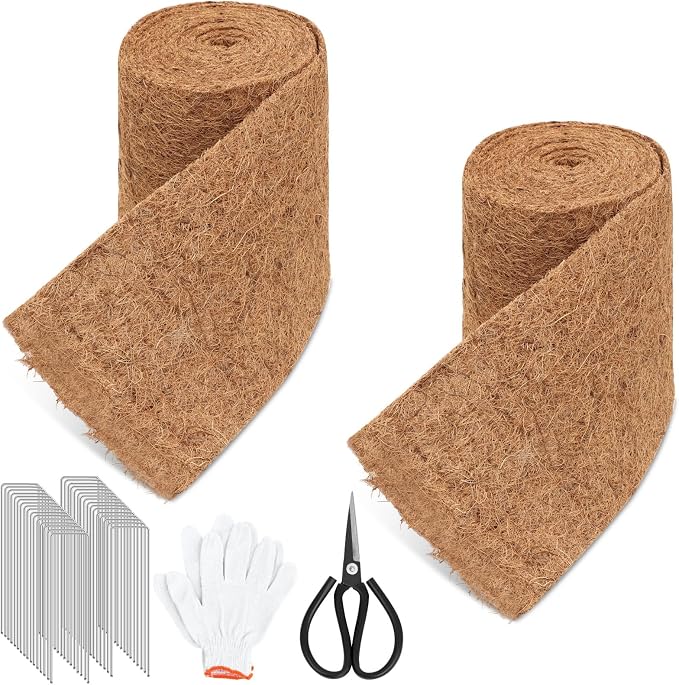 Timgle 2 Pcs 120" x 6.3" Natural Coconut Fiber Liner Mulch Roll, Coir Liner Garden Weed Barrier Mat with 30 U-Shaped Steel Stakes for Landscaping, Garden Edging Border, Planters, Vegetables & Flowers