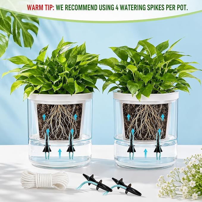 Self Watering Spikes for Indoor Plants, Automatic Plant Watering System for Vacation Care and Office Maintenance, 13-Piece Set with 12 Spikes and Absorbent Cotton Rope