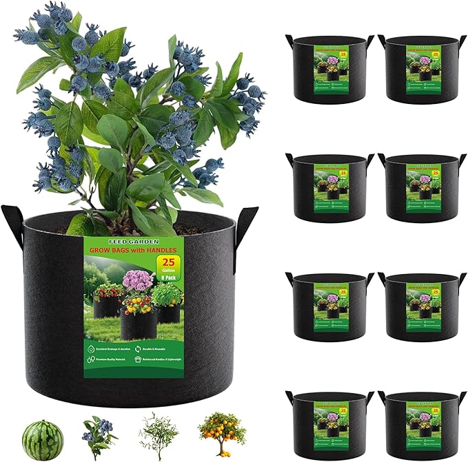 FEED GARDEN 25 Gallon Grow Bags 8 Pack – Heavy Duty 300G Thick Fabric Plant Pots with Reinforced Handles, Breathable Drainage Planters for Tomatoes, Potatoes & Large Vegetables Indoor Outdoor