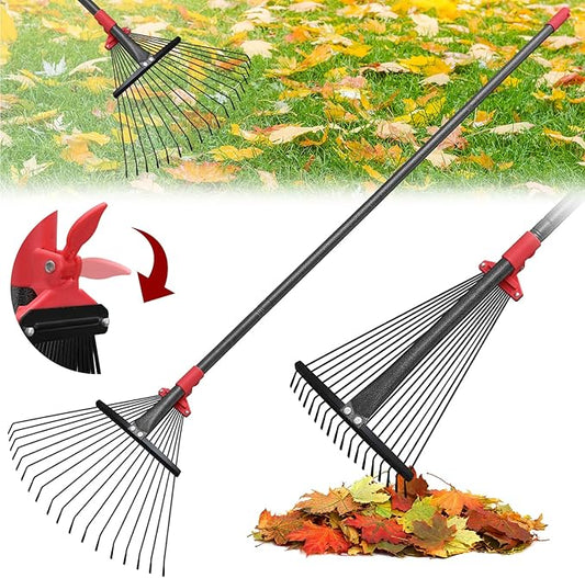 Adjustable Metal Leaf Rake for Leaves, 76-Inch Long Handle Yard Rake with 18 Metal Tines & 8-18" Expandable Head, Lightweight Garden Rake for Lawns, Grass Clippings, Pine Needles
