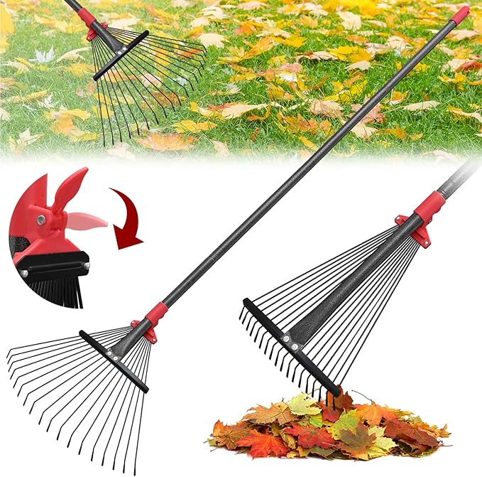 91Inch Adjustable Metal Leaf Rake, 18 Metal Tines Heavy Duty Leaves Rake for Lawns with 8-18" Expandable Head Long Handle Garden Rakes for Women Kids Leaves Yard Gardening Grass Outdoor Camping Debris