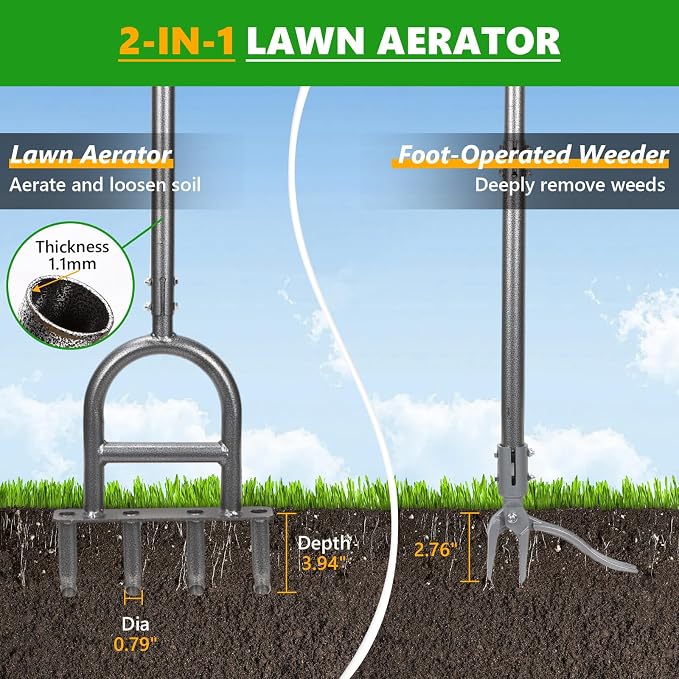 2-in-1 Lawn Aerator Tool, Foot-Operated Weed Puller & Core Aerator 4 Hollow Tines with Adjustable Height, Heavy-Duty Anti-Rust Carbon Steel for Compacted Soil Aeration, Garden Lawn Care