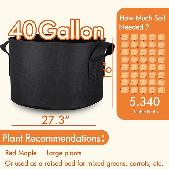 Gardzen 2-Pack 40 Gallon Grow Bags, Aeration Fabric Pots with Handles, Pot for Plants Indoor&Outdoor Use