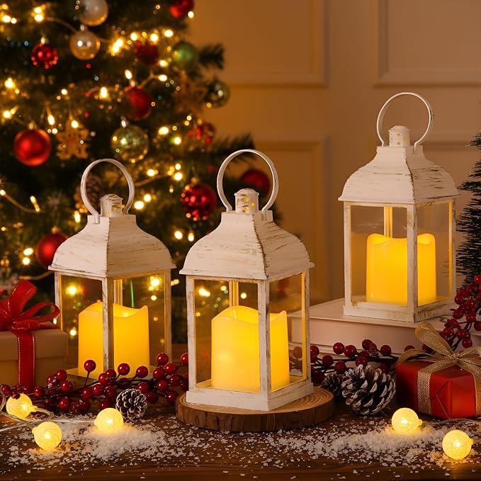 12 Set 10 Inch White Decorative Candle Lanterns Bulk Lanterns Centerpiece with LED Flameless Candle Indoor Outdoor Battery Powered Hanging Lights for Wedding Father Day Party Decoration